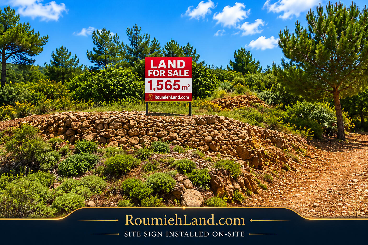Roumieh Land For Sale – On-Site Property Sign Official RoumiehLand.com site sign installed on a 1,565 sqm land parcel for sale in Roumieh, El Metn, Lebanon.