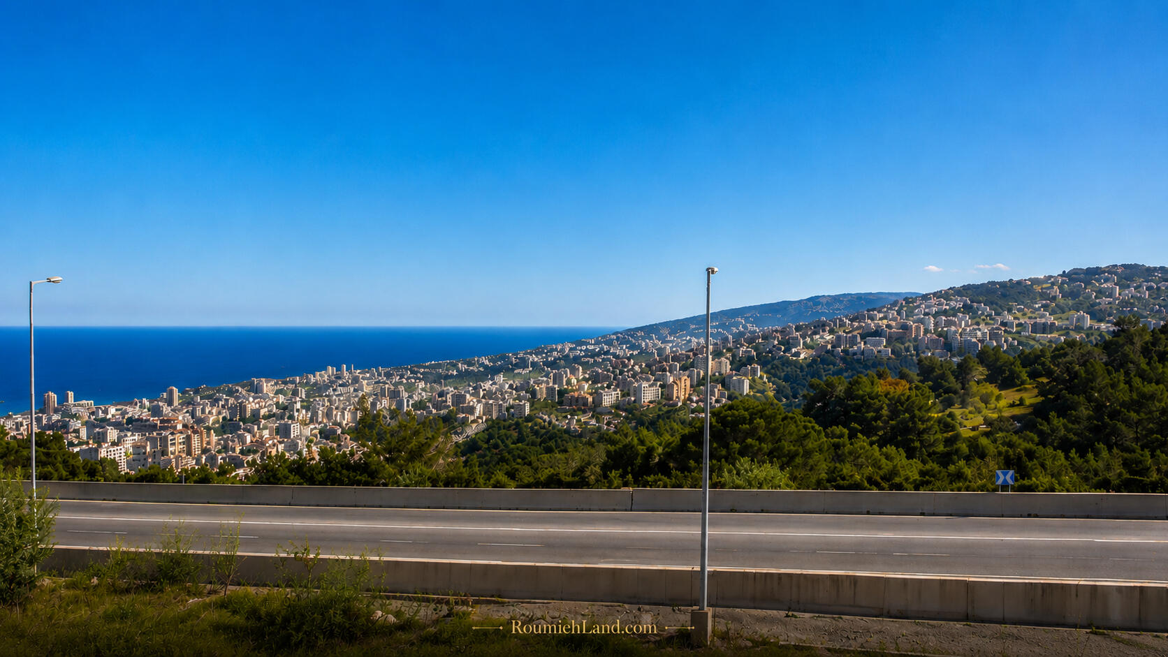 Panoramic view from Roumieh land lot for sale overlooking Beirut and the Mediterranean Sea