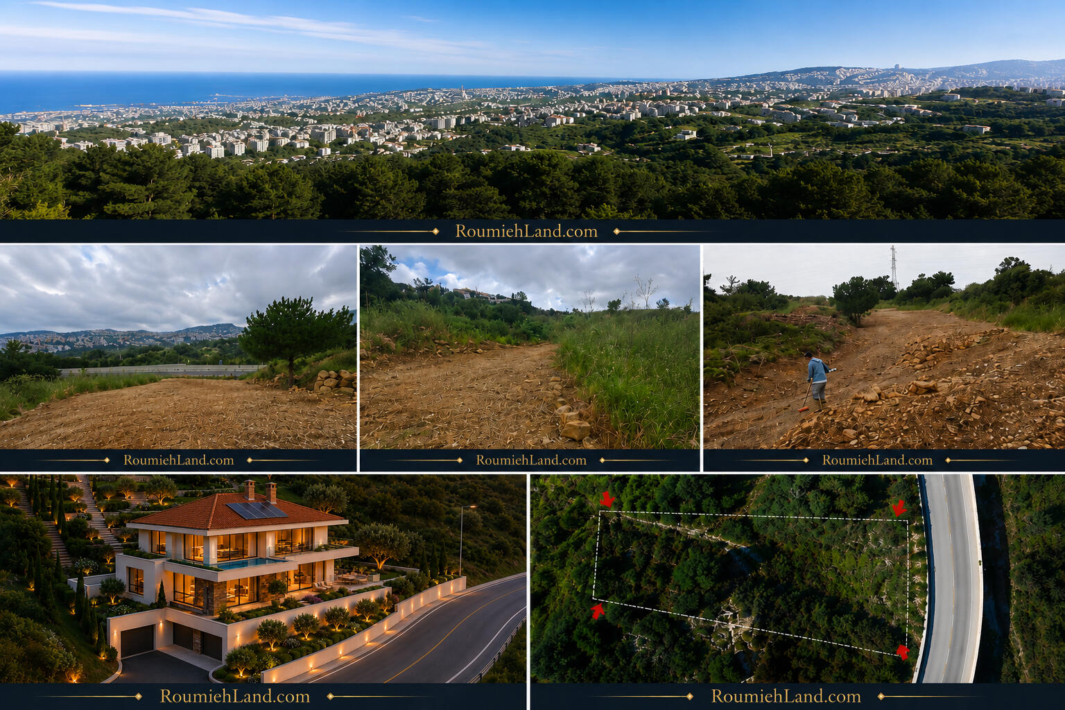 Gallery showing Roumieh land lot 4650 with panoramic views, hillside terrain, property boundaries, and villa development potential