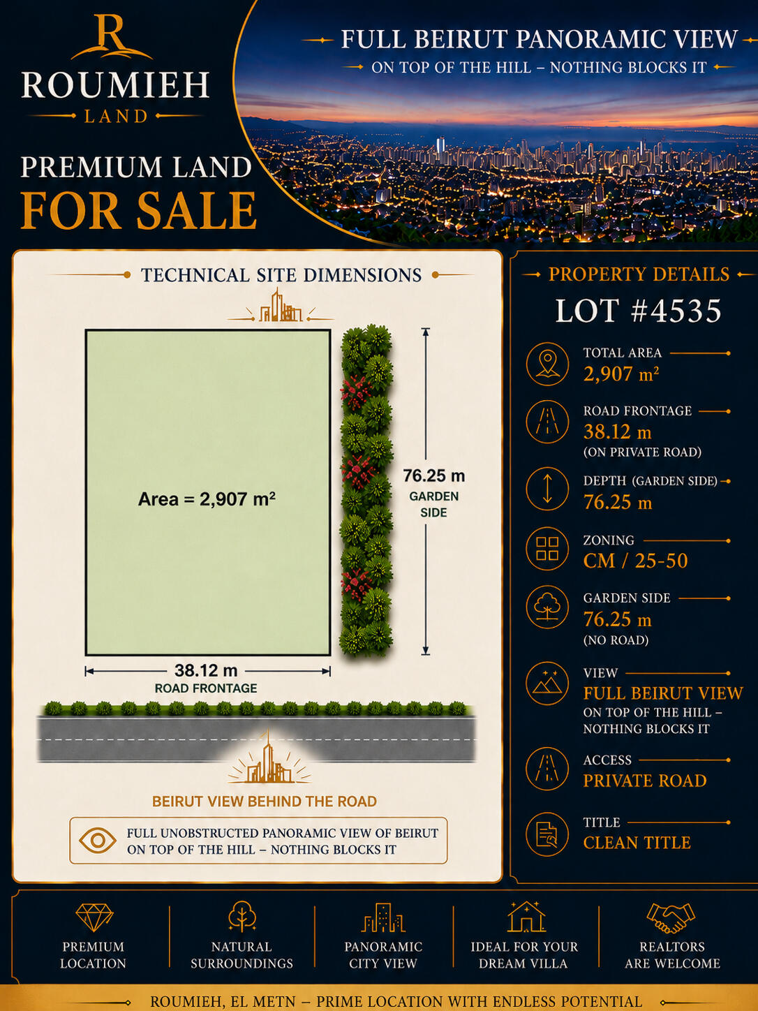 Roumieh Land For Sale – 2,907 Square Meters Prime Roumieh hillside land 2,907 SQM, with panoramic Beirut and sea views.